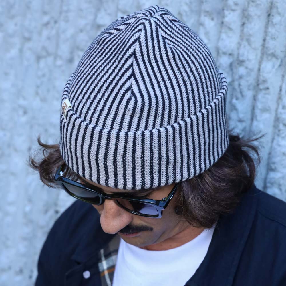 Rustek Recycled Cotton Stripe Beanie | Black/Khaki *** PRE-SALE SHIPS 1/14/26 ***