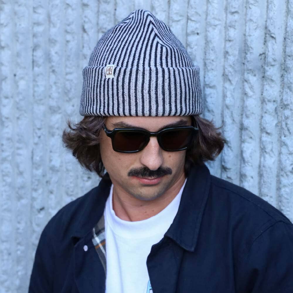 Rustek Recycled Cotton Stripe Beanie | Black/Khaki *** PRE-SALE SHIPS 1/14/26 ***