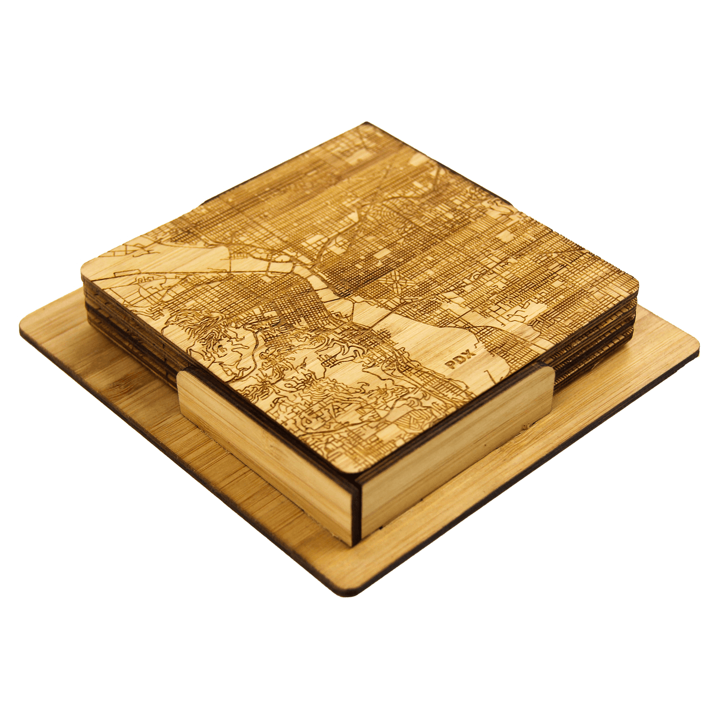 PDX Map Engraved Bamboo Coaster Set